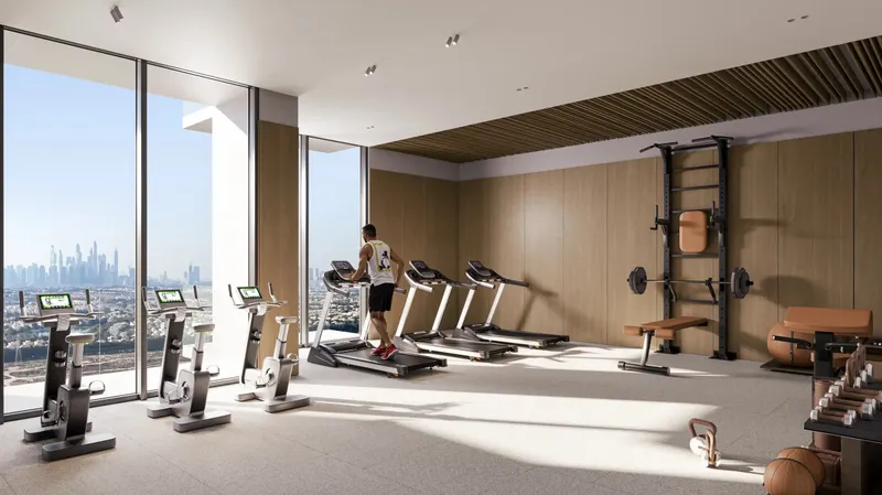 Gym at ELAR1S RISE with full-height windows