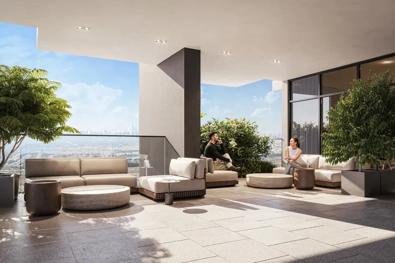 Covered outdoor lounge on the amenity floor of ELAR1S RISE