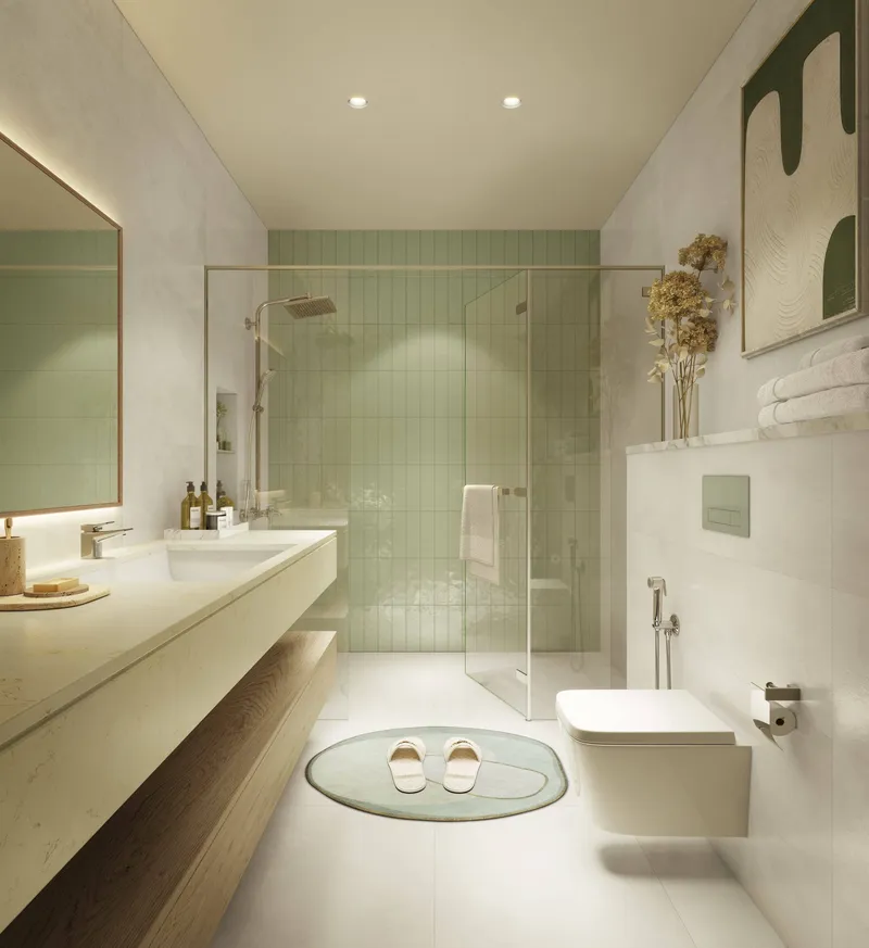 Render of a bathroom at Eleve with a long vanity, walk-in shower and green tiles