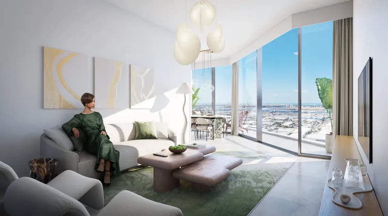 Render of a bright living and dining room at Eleve with full-height windows and a balcony