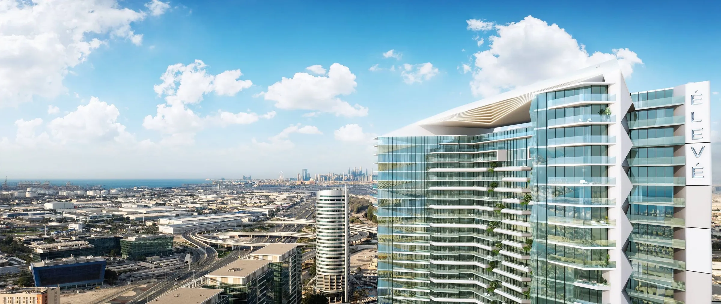 Render of the glass Eleve tower by Deyaar on Sheikh Zayed Road, looking north over Dubai