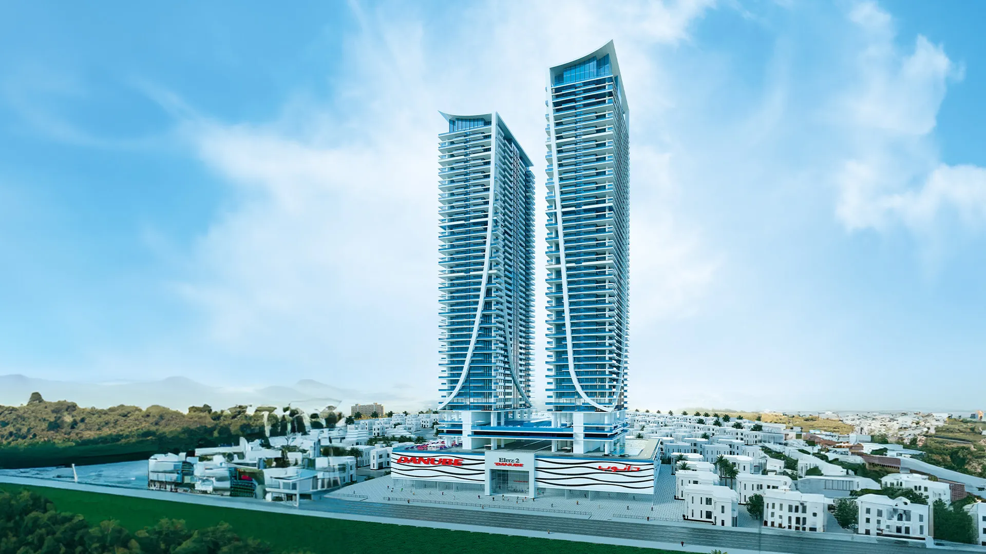 The twin towers of Elitz 2 by Danube in Jumeirah Village Circle, Dubai