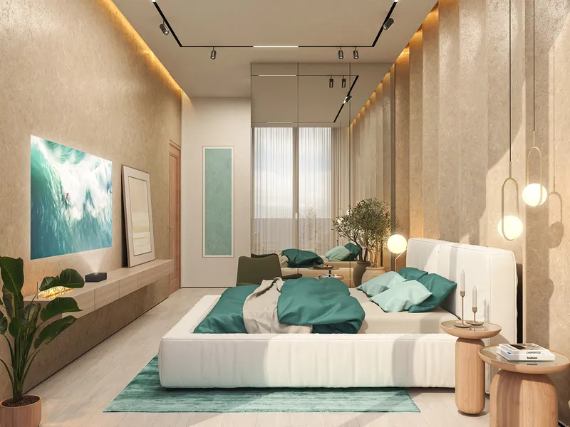 Bedroom with warm textured walls and a window at the far end in an ELO apartment