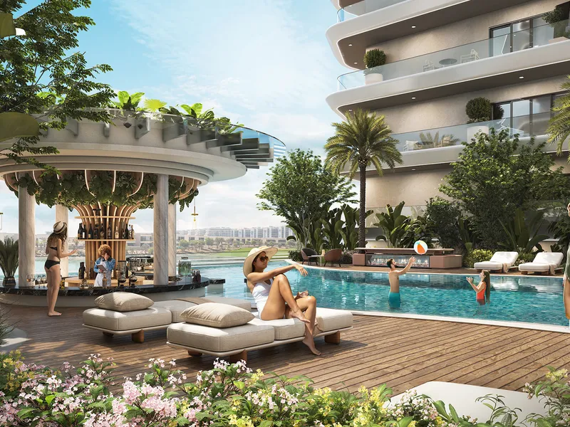 Swimming pool with sunbeds and a round pool bar at the foot of ELO