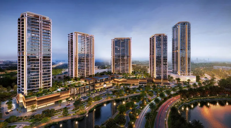 Aerial render of the Eltiera towers by Ellington Properties beside the community lake at Jumeirah Islands at dusk