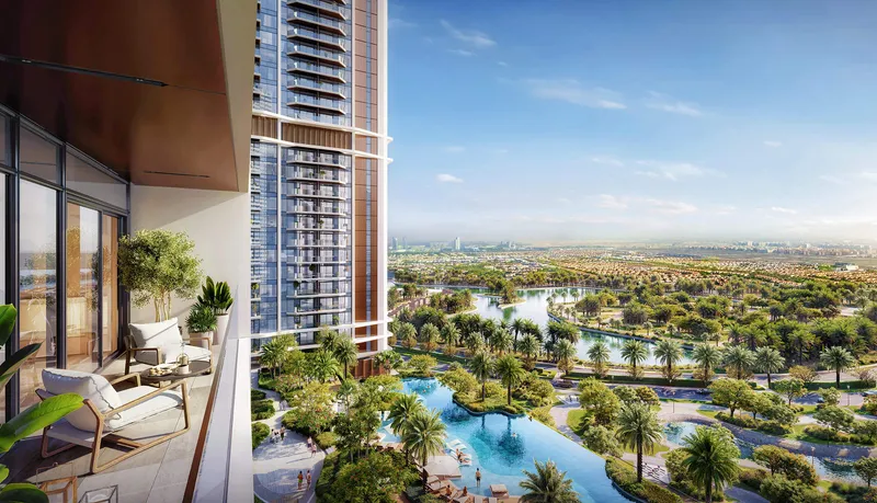 Render of a balcony at Eltiera Views by Ellington Properties looking over the pool and the Jumeirah Islands lakes