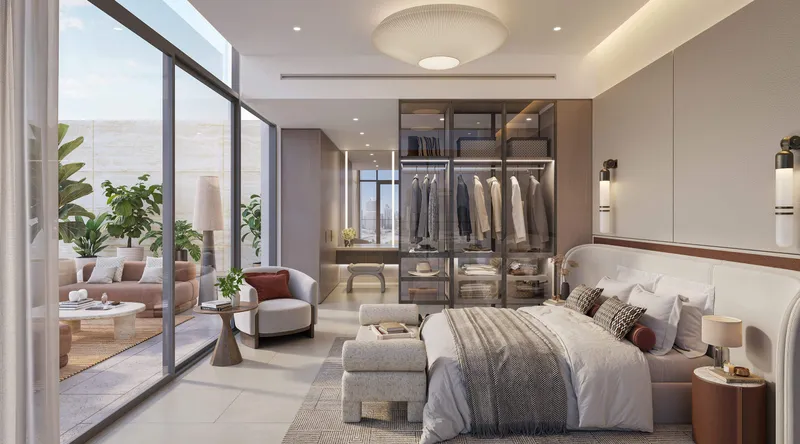 Render of a bedroom with a walk-in wardrobe and terrace at Eltiera Views by Ellington Properties