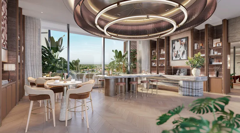 Render of the clubhouse lounge and bar at Eltiera Views by Ellington Properties