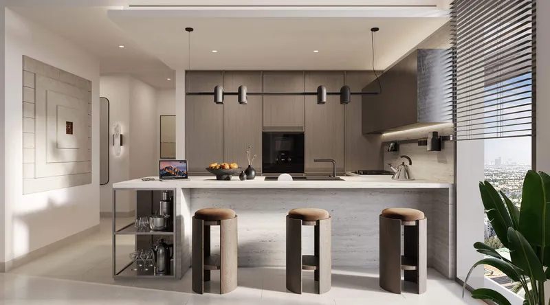 Render of a kitchen with a breakfast bar at Eltiera Views by Ellington Properties