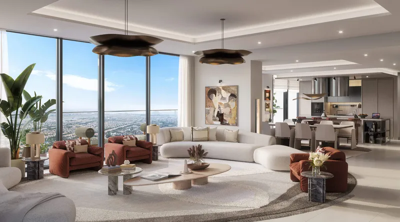 Render of a living and dining room with full-height windows at Eltiera Views by Ellington Properties