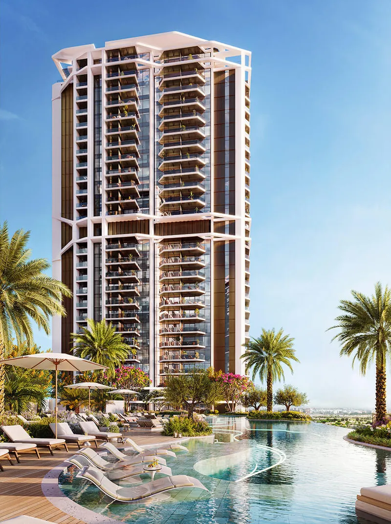 Render of an Eltiera Views tower by Ellington Properties rising above the pool deck