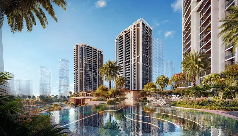 Render of the Eltiera Views towers by Ellington Properties seen across the pool, Jumeirah Islands, Dubai