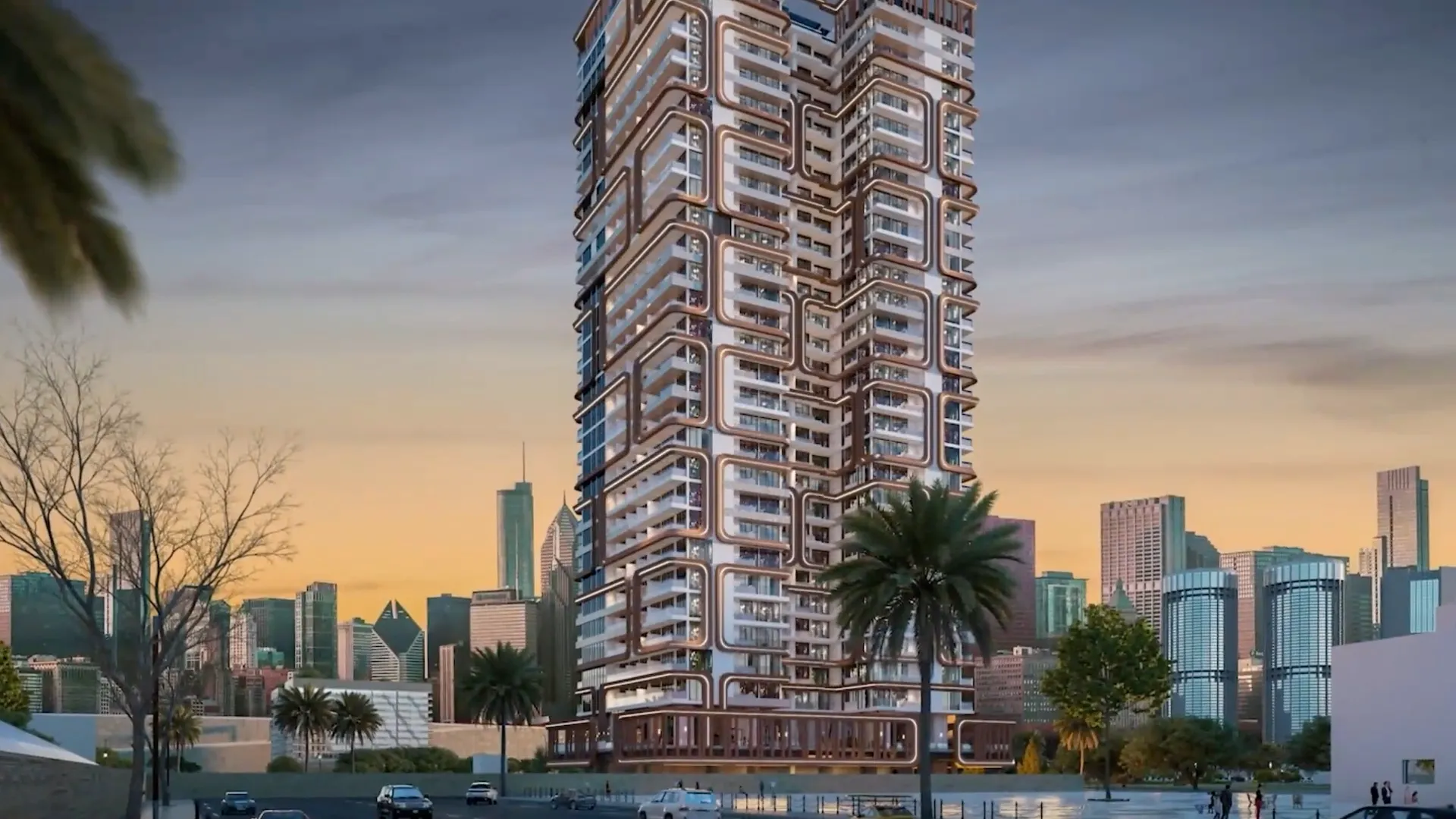 Empire Lake Views tower in Liwan at dusk