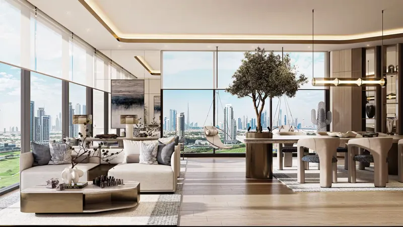 Residents’ lounge with tall windows and a view of the skyline at Enre Residence