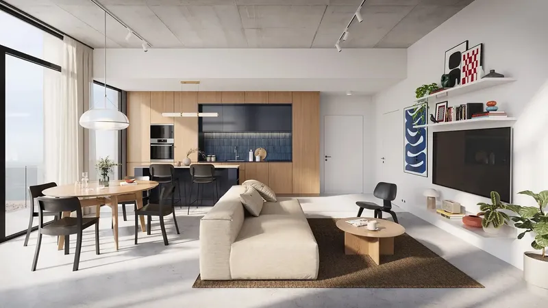 Render of the living area and kitchen in a one-bedroom apartment at Enta Mina