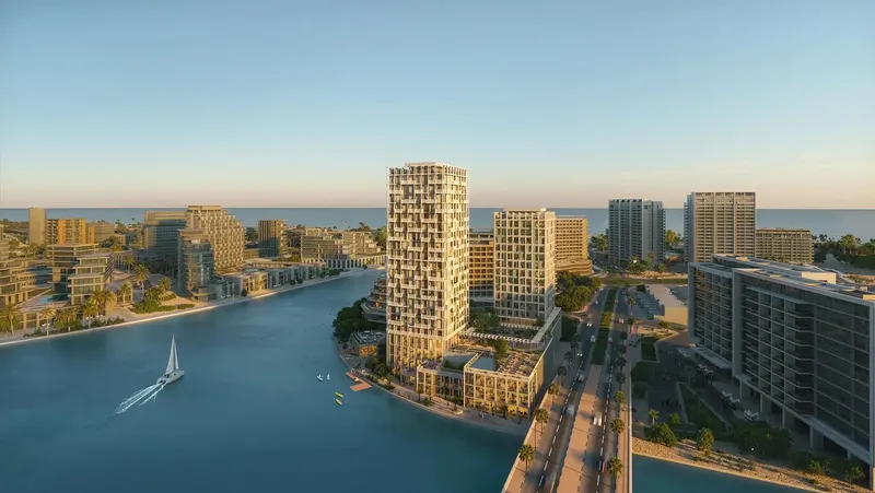 Aerial render of Enta Mina by RAK Properties on the Hayat Island waterfront in Mina Al Arab, Ras Al Khaimah