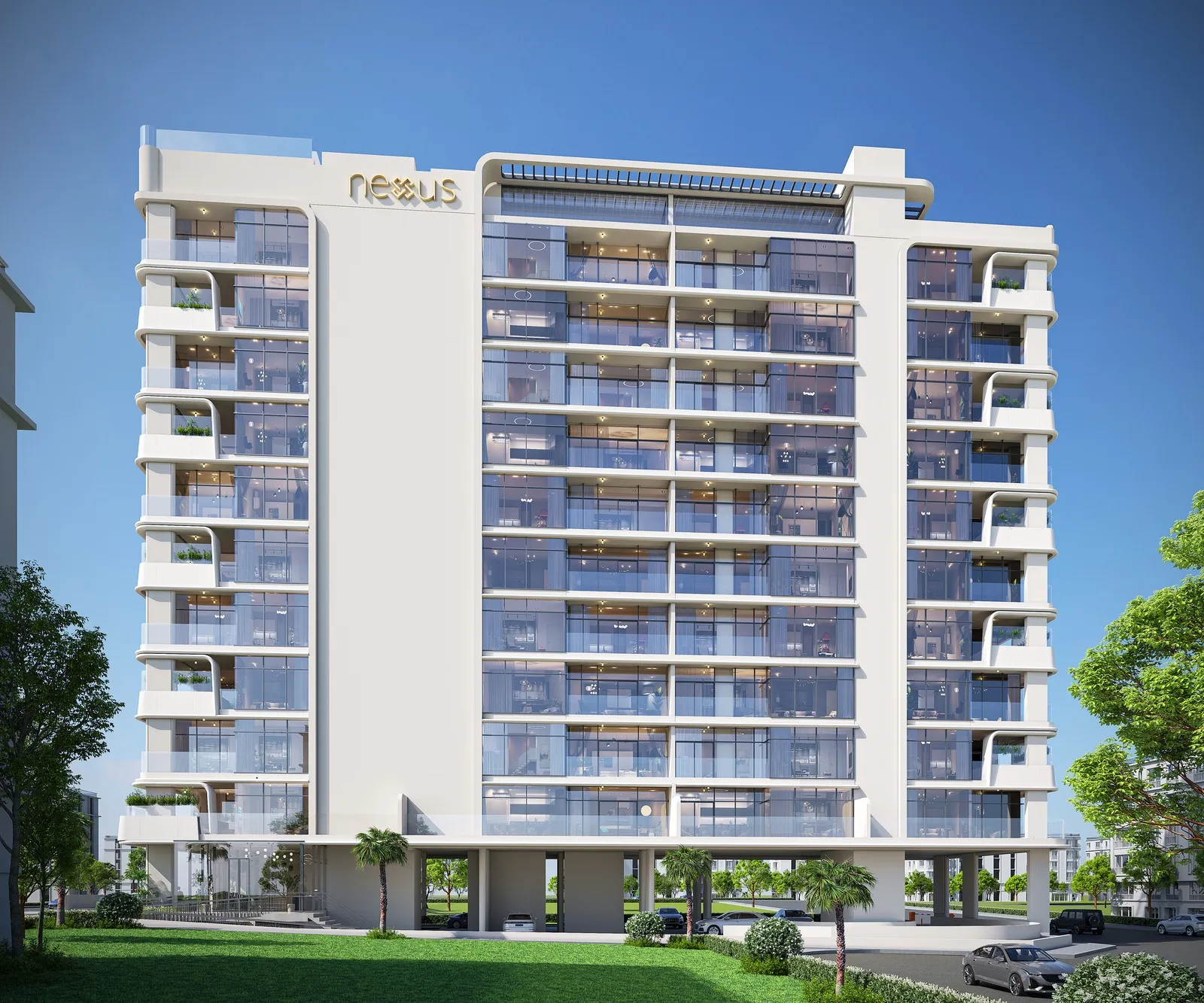 Front elevation of the white ten-storey Estrella by Nexus building with glazed balconies