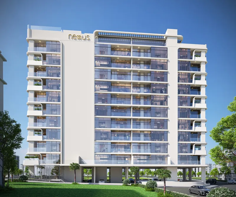 Front elevation of the white ten-storey Estrella by Nexus building with glazed balconies