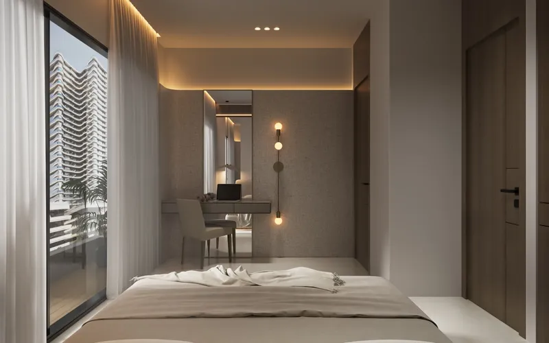 Bedroom with a dressing table and full-height window in an Estrella by Nexus apartment