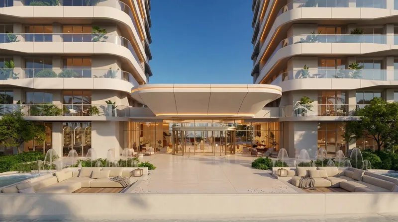 Render of the arrival court and canopy at Fairmont Residences Al Marjan Island