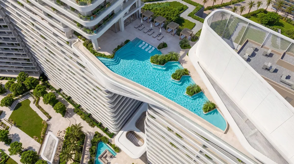 Aerial render of the adults' sky pool on a bridge between the Fairmont Residences towers