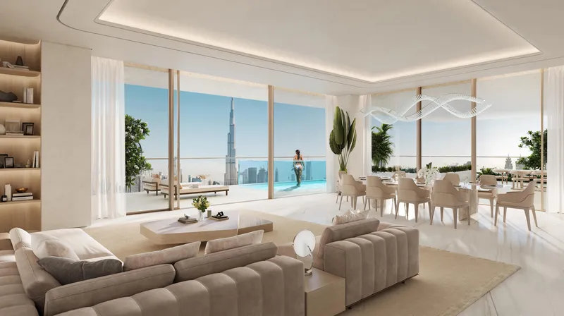 Living and dining room opening to a terrace pool with a Burj Khalifa view