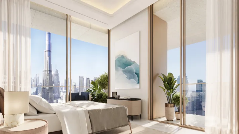 Master bedroom with floor-to-ceiling windows facing Burj Khalifa