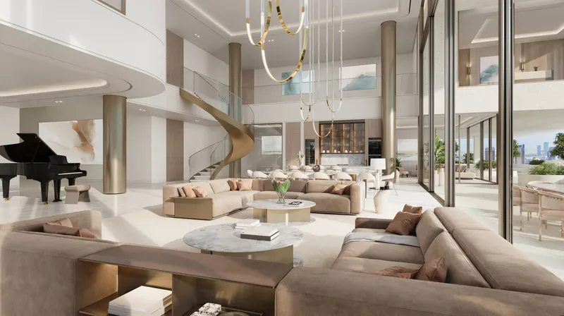 Double-height penthouse living room with a spiral staircase and grand piano