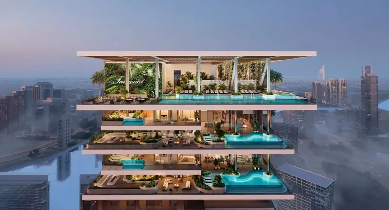 Top floors of Fairmont Residences Solara Tower with private pools and the rooftop garden