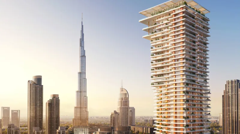 Fairmont Residences Solara Tower rising beside Burj Khalifa on the Downtown Dubai skyline