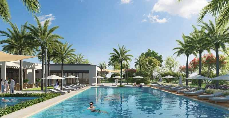 Render of the swimming pool and community centre at Fairway Villas 2