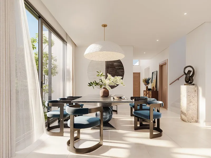 Interior render of a Fairway Villas 2 dining room beside full-height windows