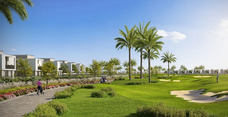 Render of a walking path beside the Emaar South golf course with Fairway Villas 2 homes along the edge