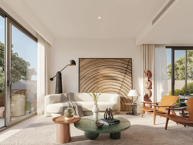 Interior render of a Fairway Villas 2 living room with full-height glazing to the garden