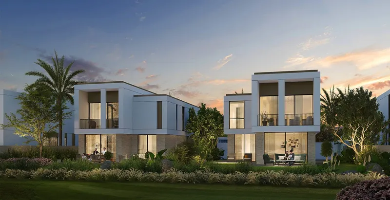 Render of two Fairway Villas 2 villas at dusk seen from the landscaped garden side