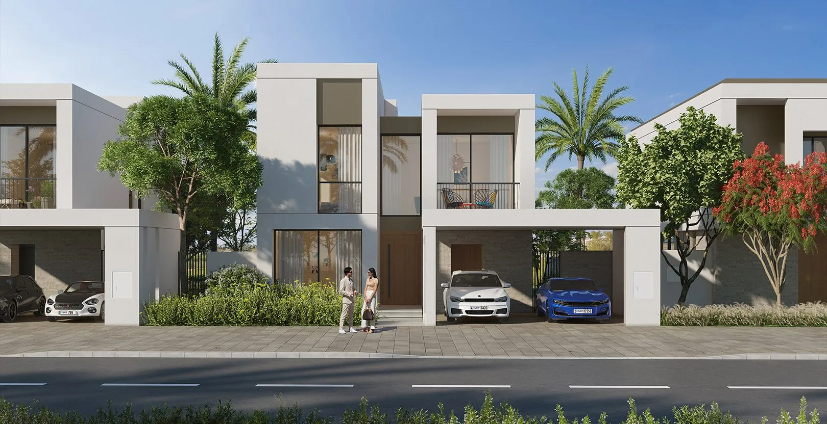 Render of Fairway Villas 2 villas seen from the street, with covered parking and palm trees