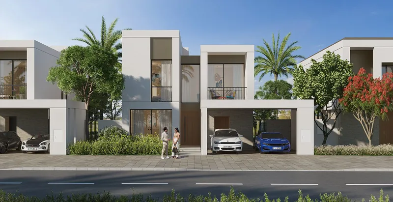 Render of Fairway Villas 2 villas seen from the street, with covered parking and palm trees