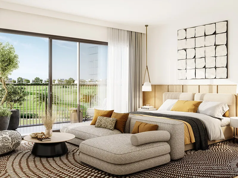 Interior render of a Fairway Villas 3 bedroom with full-height windows facing the golf course