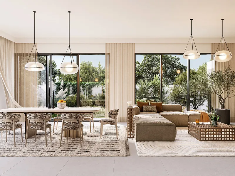 Interior render of a Fairway Villas 3 living and dining room opening to the garden