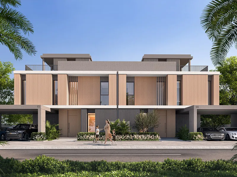 Front render of a pair of four-bedroom semi-detached villas at Fairway Villas 3