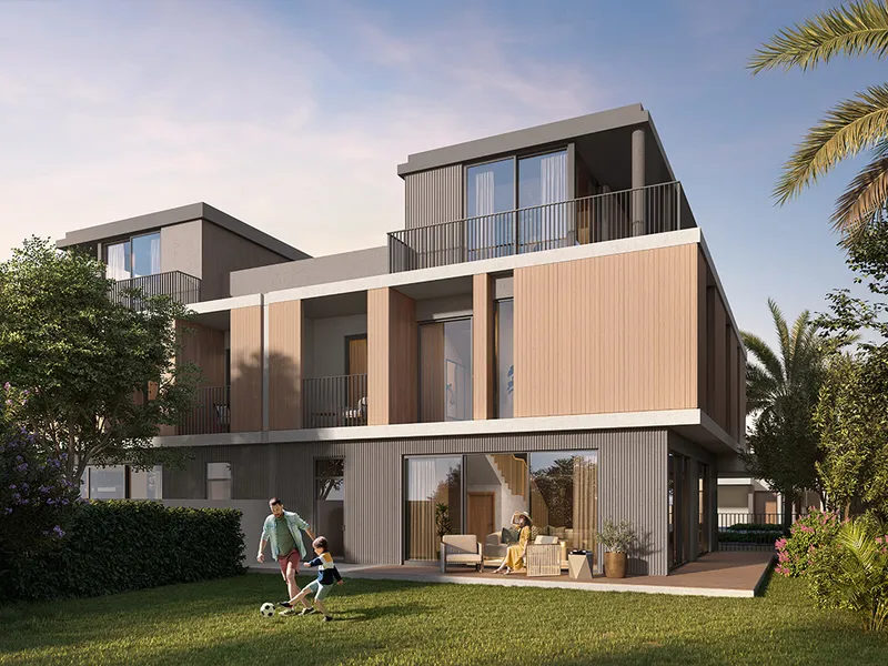 Render of the garden side of a semi-detached villa at Fairway Villas 3
