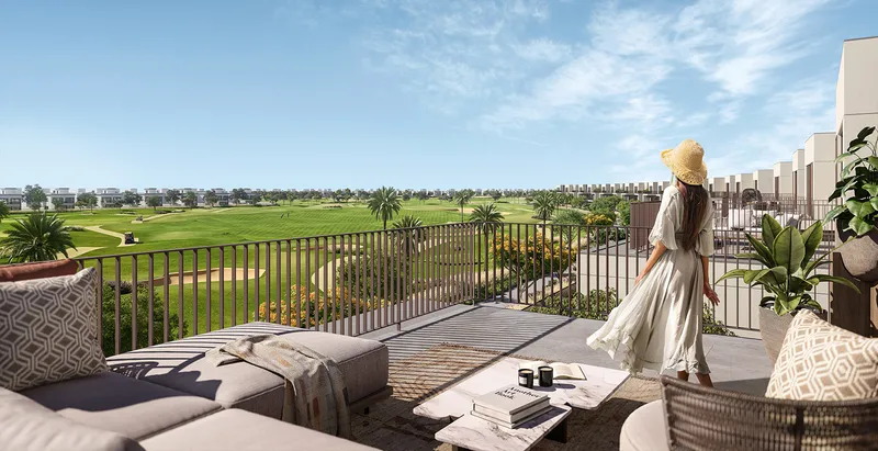 Render of a Fairway Villas 3 terrace looking over the Emaar South golf course