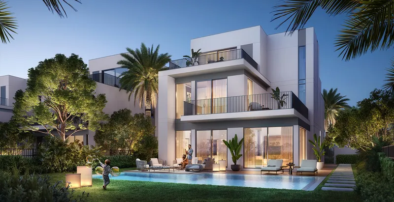 Render of a Fairway Villas 3 standalone villa with a private pool and garden at dusk