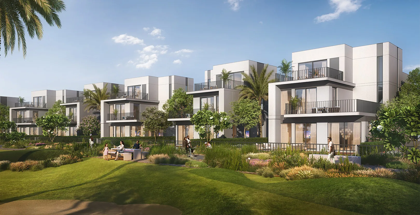 Render of Fairway Villas 3 villas seen across a landscaped green in Emaar South