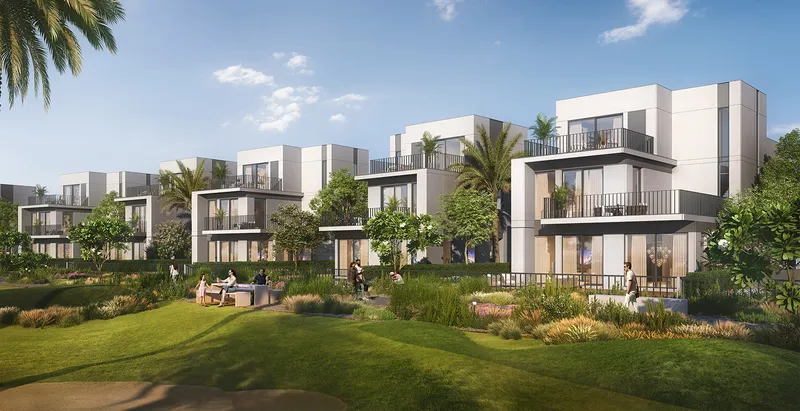 Render of Fairway Villas 3 villas seen across a landscaped green in Emaar South