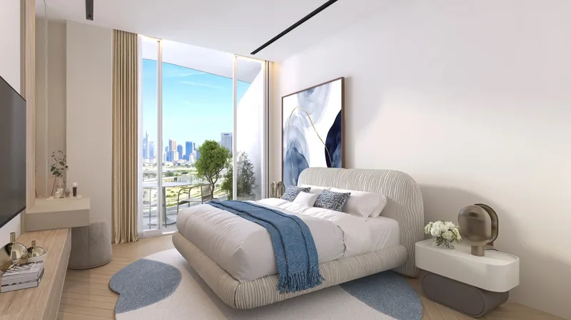 Render of a bedroom with floor-to-ceiling glazing at Fala by Kasco