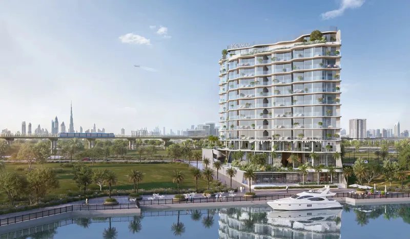 Render of the Fala by Kasco building on the Al Jaddaf waterfront, with the Downtown Dubai skyline behind