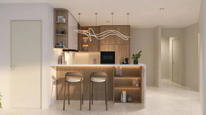 Render of a three bedroom apartment kitchen with breakfast bar at Fala by Kasco