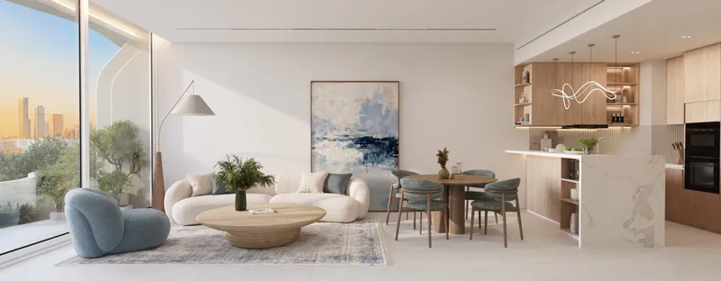 Render of a one bedroom living and dining area with an open kitchen at Fala by Kasco