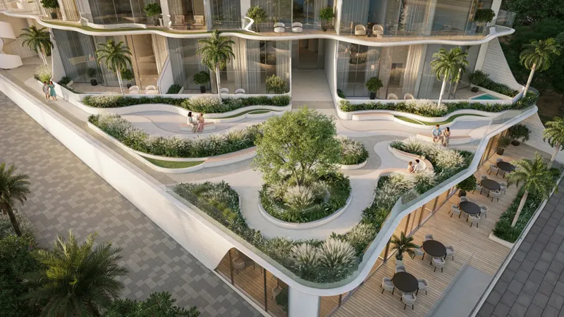 Aerial render of the landscaped podium garden and terraces at Fala by Kasco